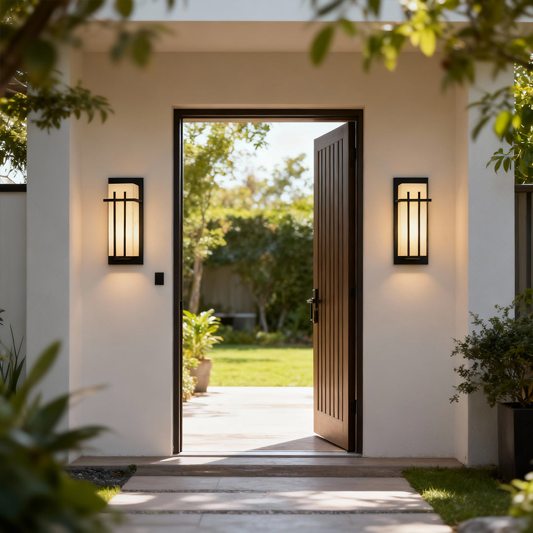 Outdoor Wall Sconce with Faux Marble Shade in Black Stainless Steel