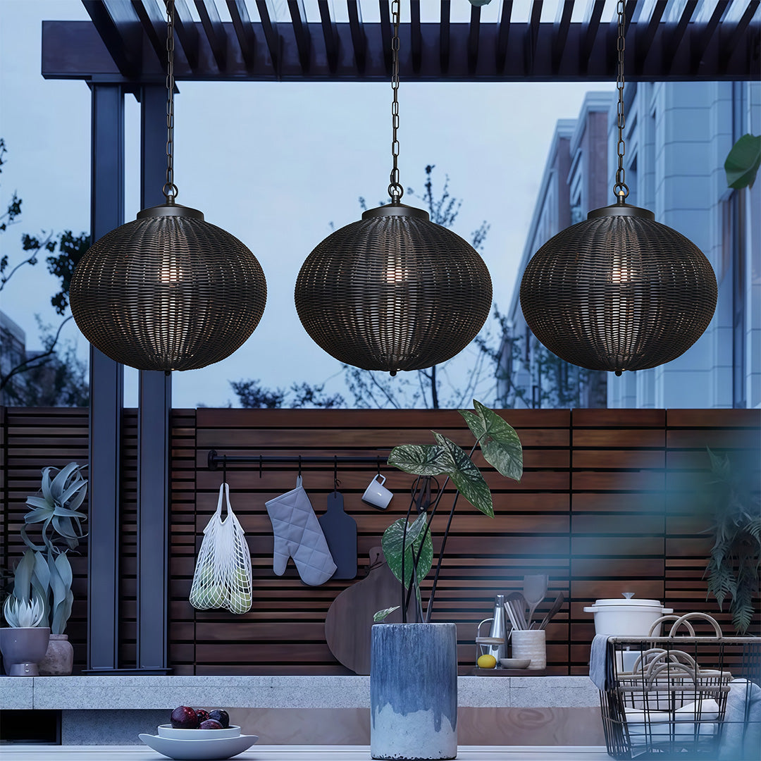 Black Woven Rattan Pendant Light, Waterproof Outdoor Hanging Lamp