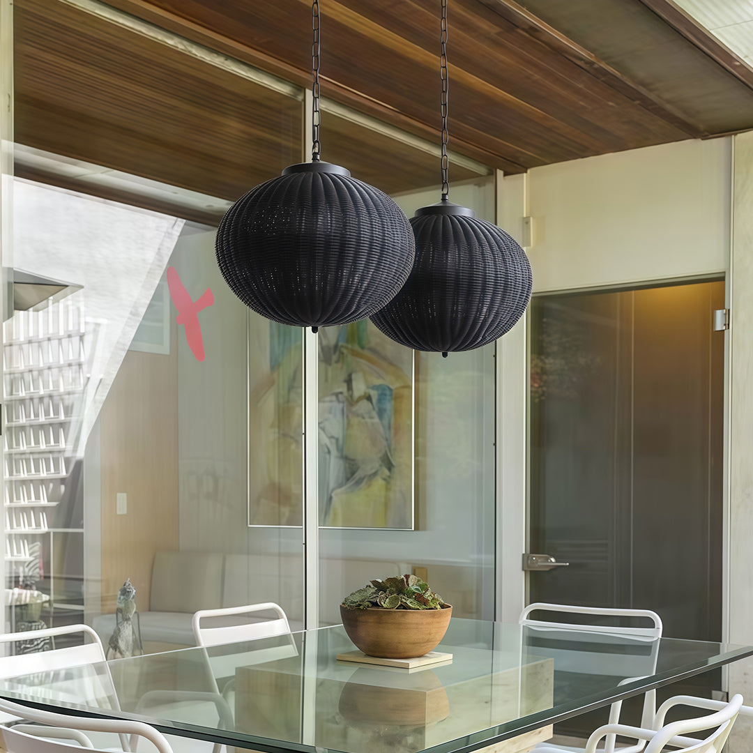 Black Woven Rattan Pendant Light, Waterproof Outdoor Hanging Lamp