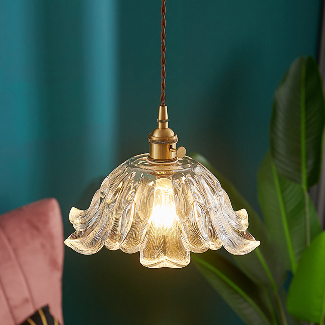 Japanese Floral Glass Pendant Light in Brushed Brass