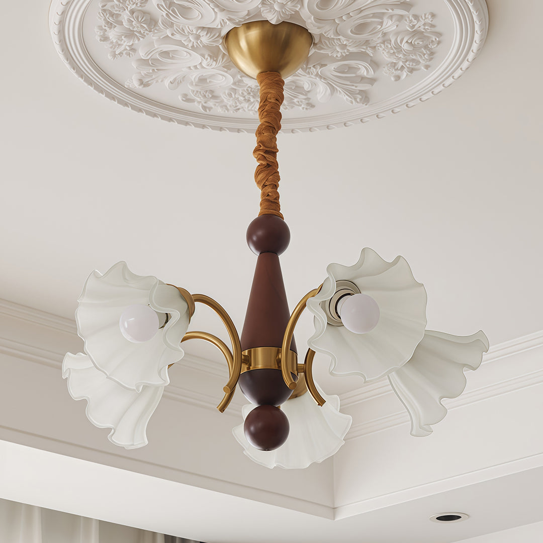 Lily of the Valley Glass Chandelier with Gold and Walnut Accents