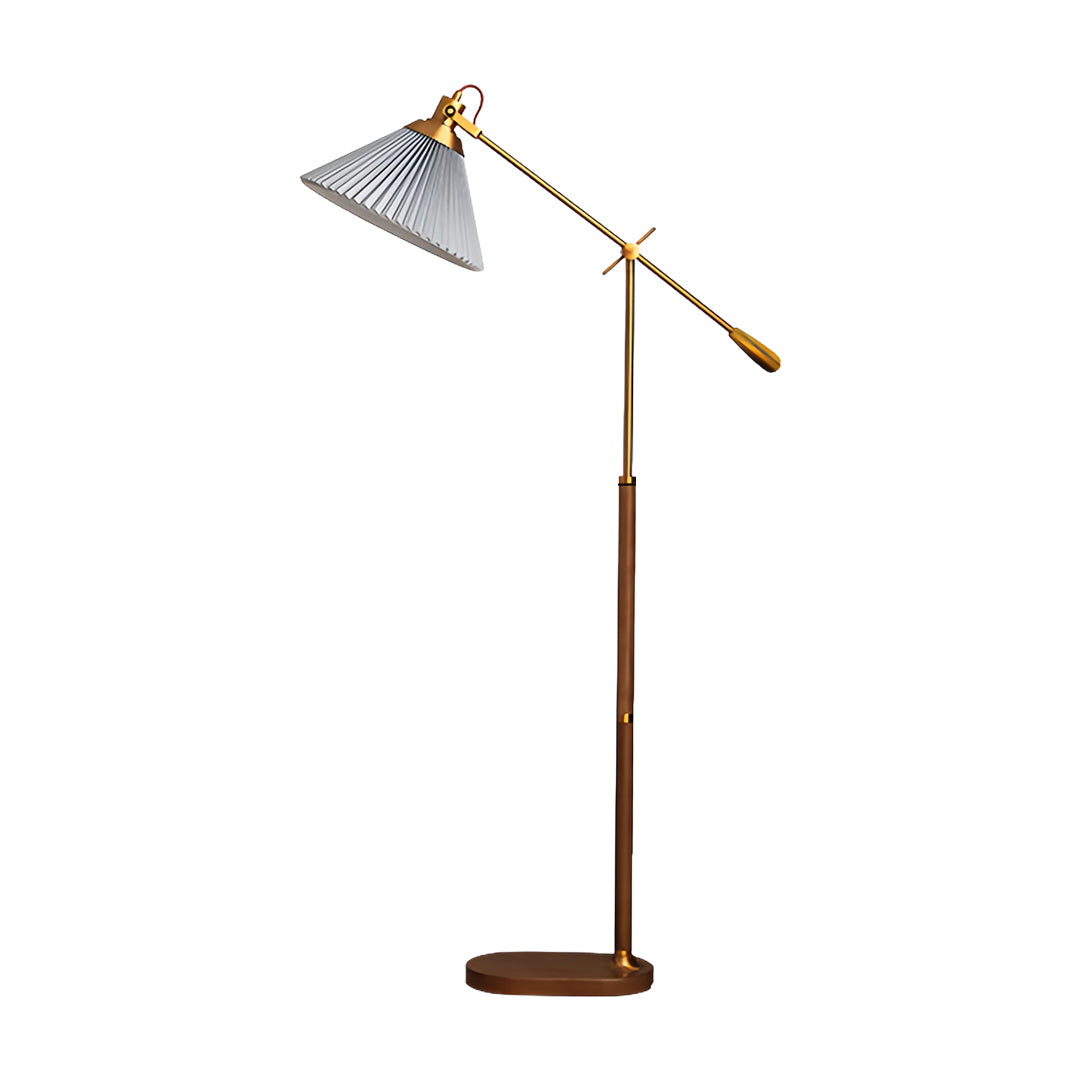 Swing Arm Floor Lamp with Pleated Shade and Solid Ash Wood Base