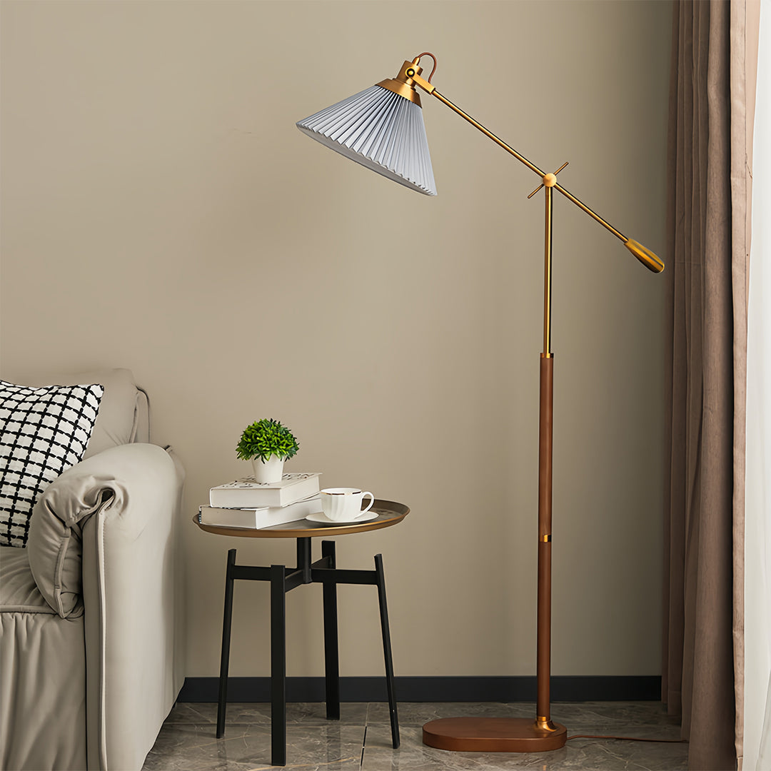 Swing Arm Floor Lamp with Pleated Shade and Solid Ash Wood Base