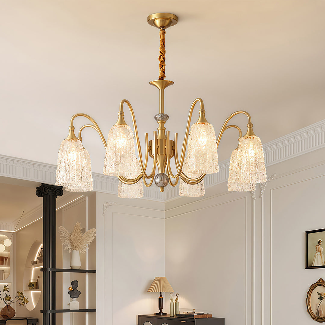 Solid Brass Vintage Chandelier with Clear Glass Shades for Dining Room and Living Room
