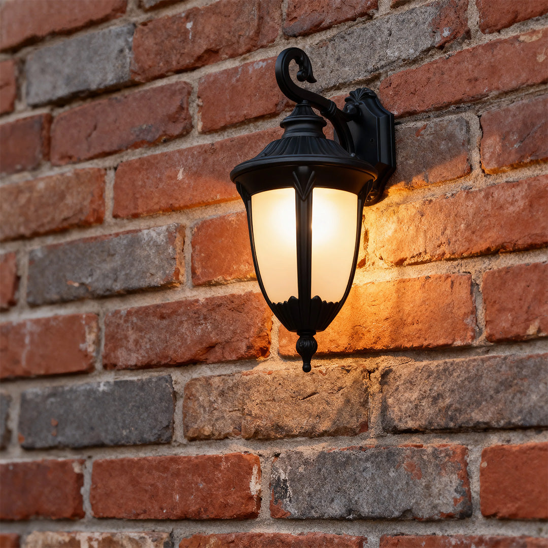 European Outdoor Wall Sconce with Clear Glass Shade in Matte Black Aluminum