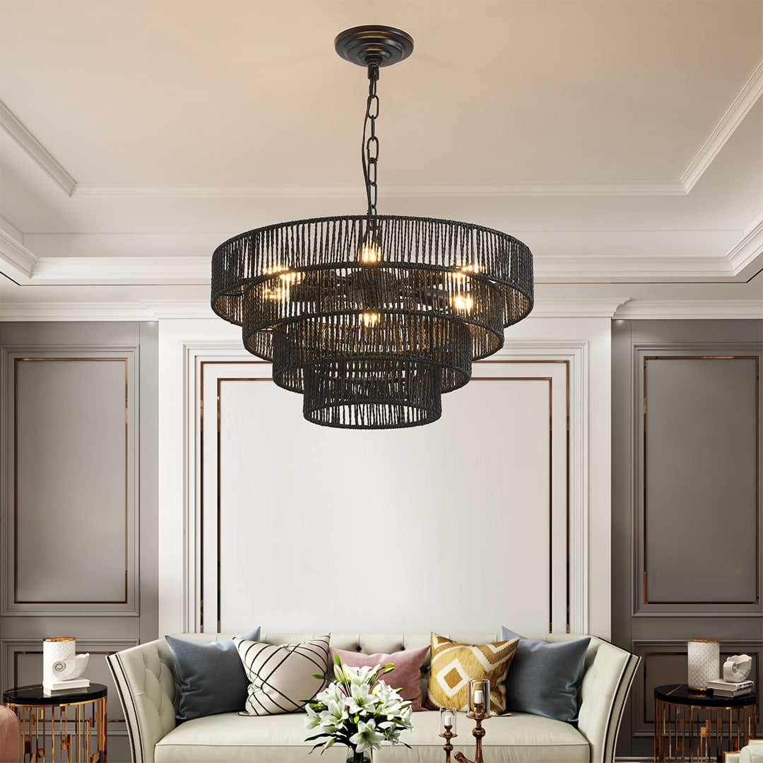 Zen-Inspired Japanese Chandelier with Natural Jute Rope – 6 or 8 Lights
