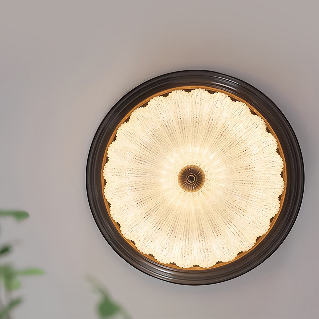 Walnut Wood Retro Dome Flush Mount Ceiling Light with Prismatic Glass Shade