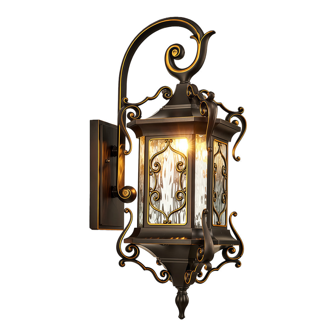 European Outdoor Wall Sconce with Gilded Aluminum Frame and Artisan Glass Shade