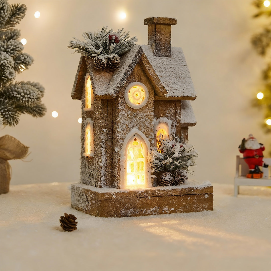 Nordic Wooden Christmas House Table Lamp with Warm LED Glow