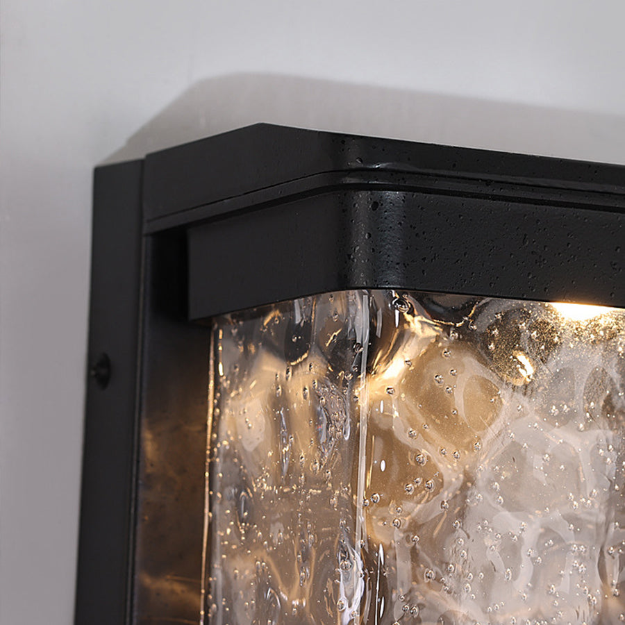 Modern Rectangular Outdoor Wall Sconce in Black Aluminum with Water-Drop Glass