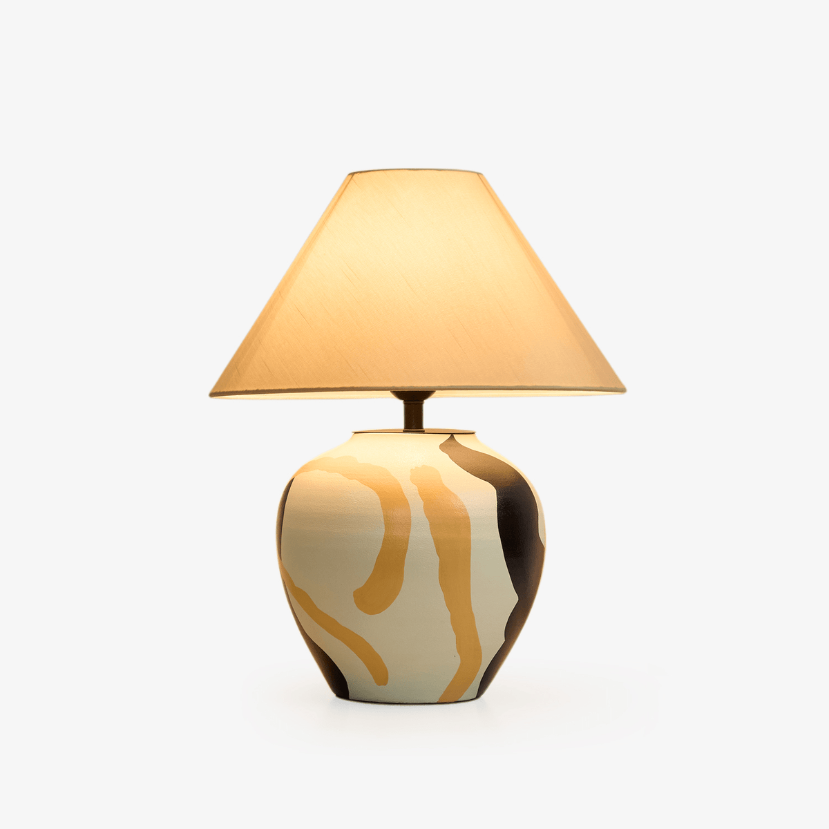 Artisan Ceramic Table Lamp with Abstract Terracotta Pattern and Beige Linen Shade