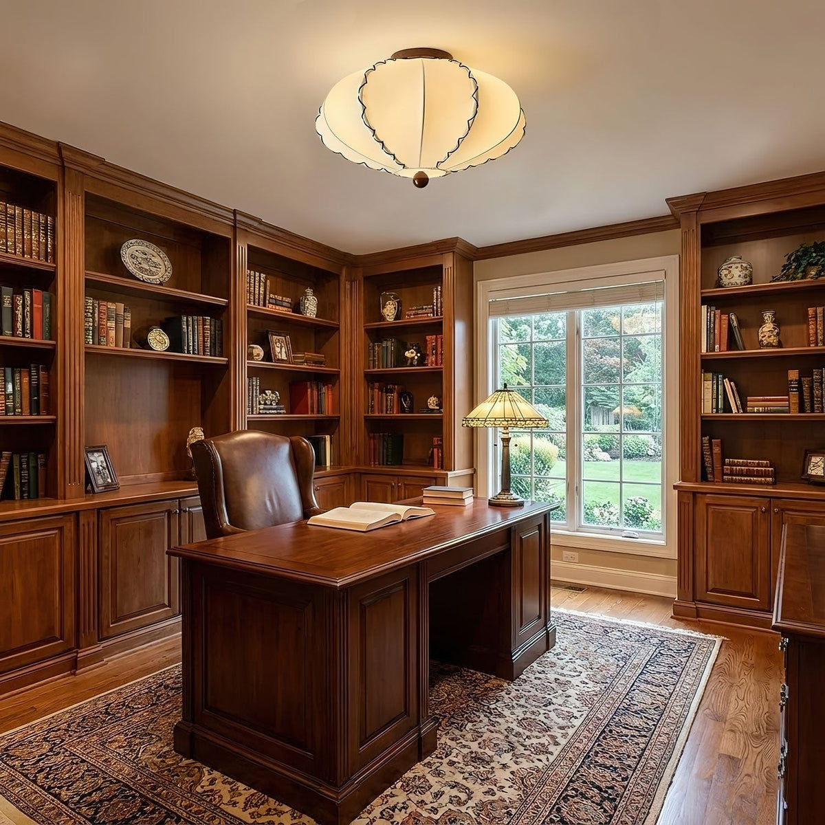 Scalloped Edge Fabric Ceiling Light with Walnut Accent