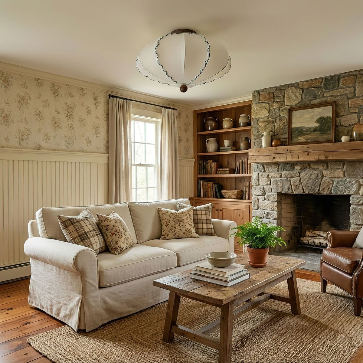 Scalloped Edge Fabric Ceiling Light with Walnut Accent