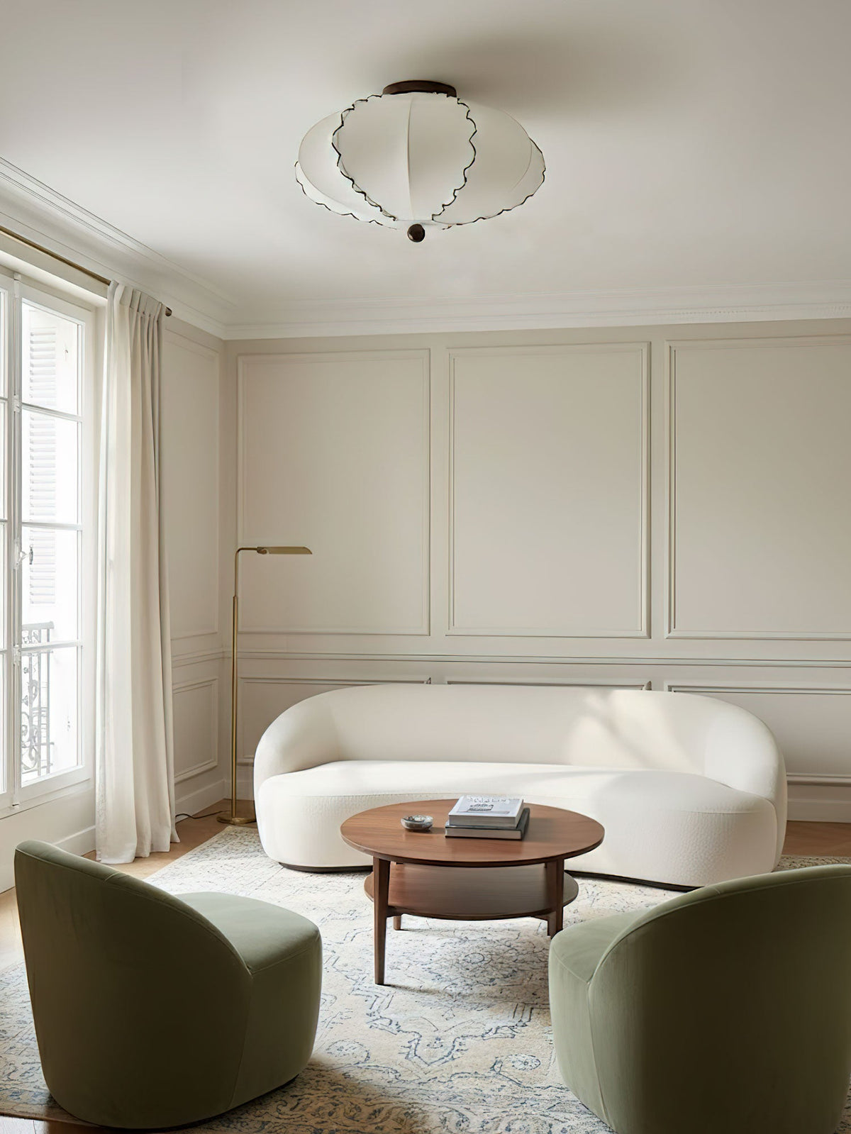 Scalloped Edge Fabric Ceiling Light with Walnut Accent
