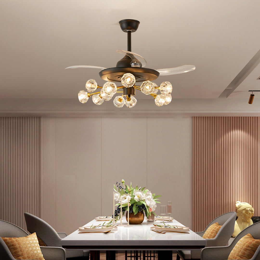 Nordic Crystal Ceiling Fan with 12 Lights and Retractable Blades