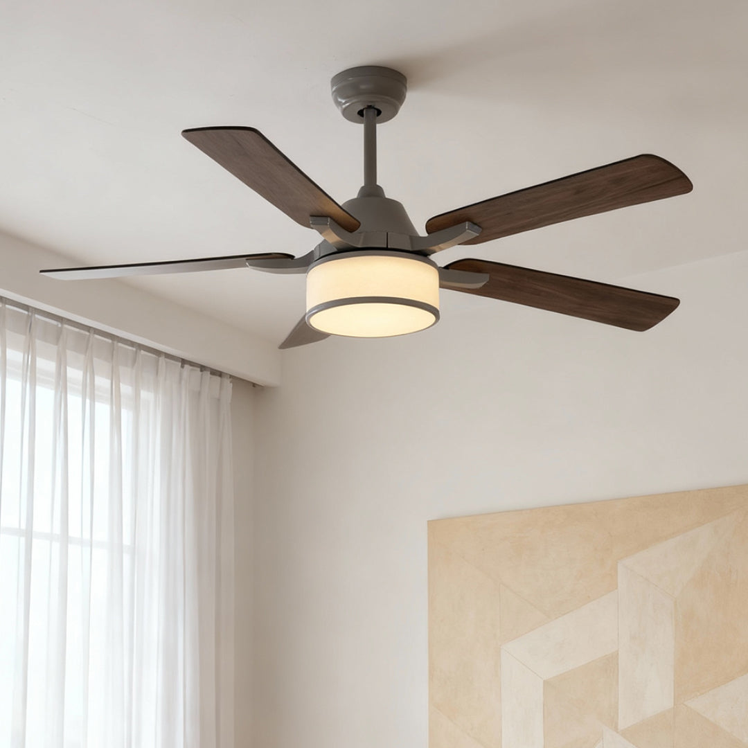 European Retro Ceiling Fan with Fabric Shade and LED Light
