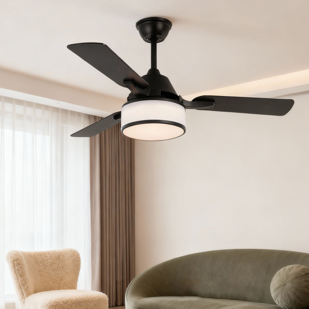 European Retro Ceiling Fan with Fabric Shade and LED Light