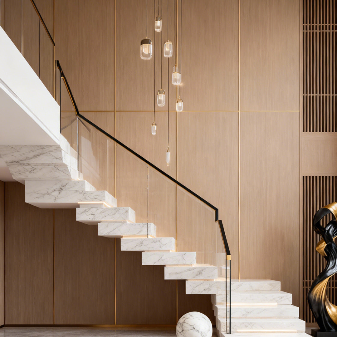 Luxury Full Copper Crystal Staircase Chandelier with Adjustable Chain