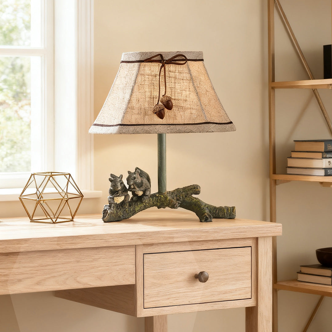 Sculptural Squirrel Table Lamp with Beige Linen Shade, French Countryside Decor