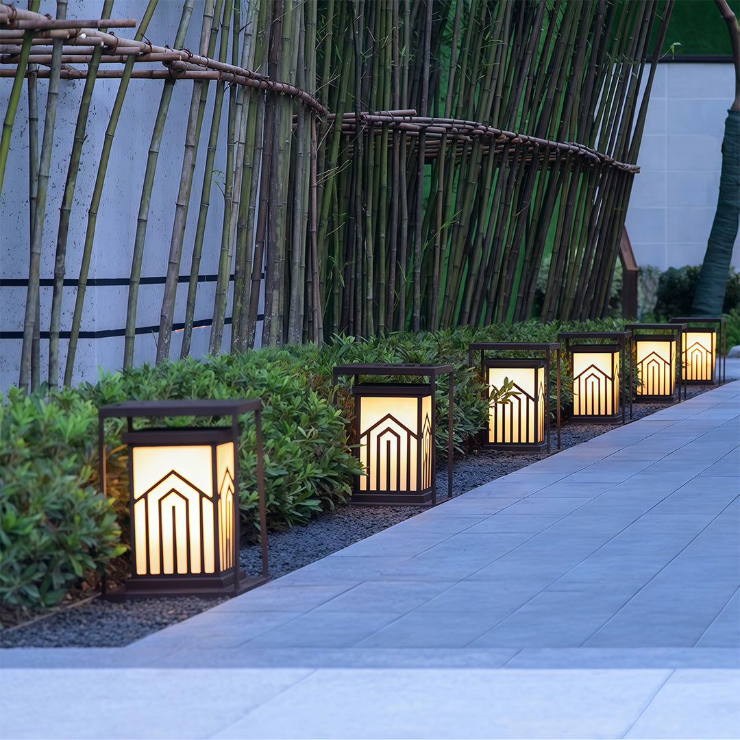 Outdoor Lantern Path Light in Black Stainless Steel with Marble-Effect Shade