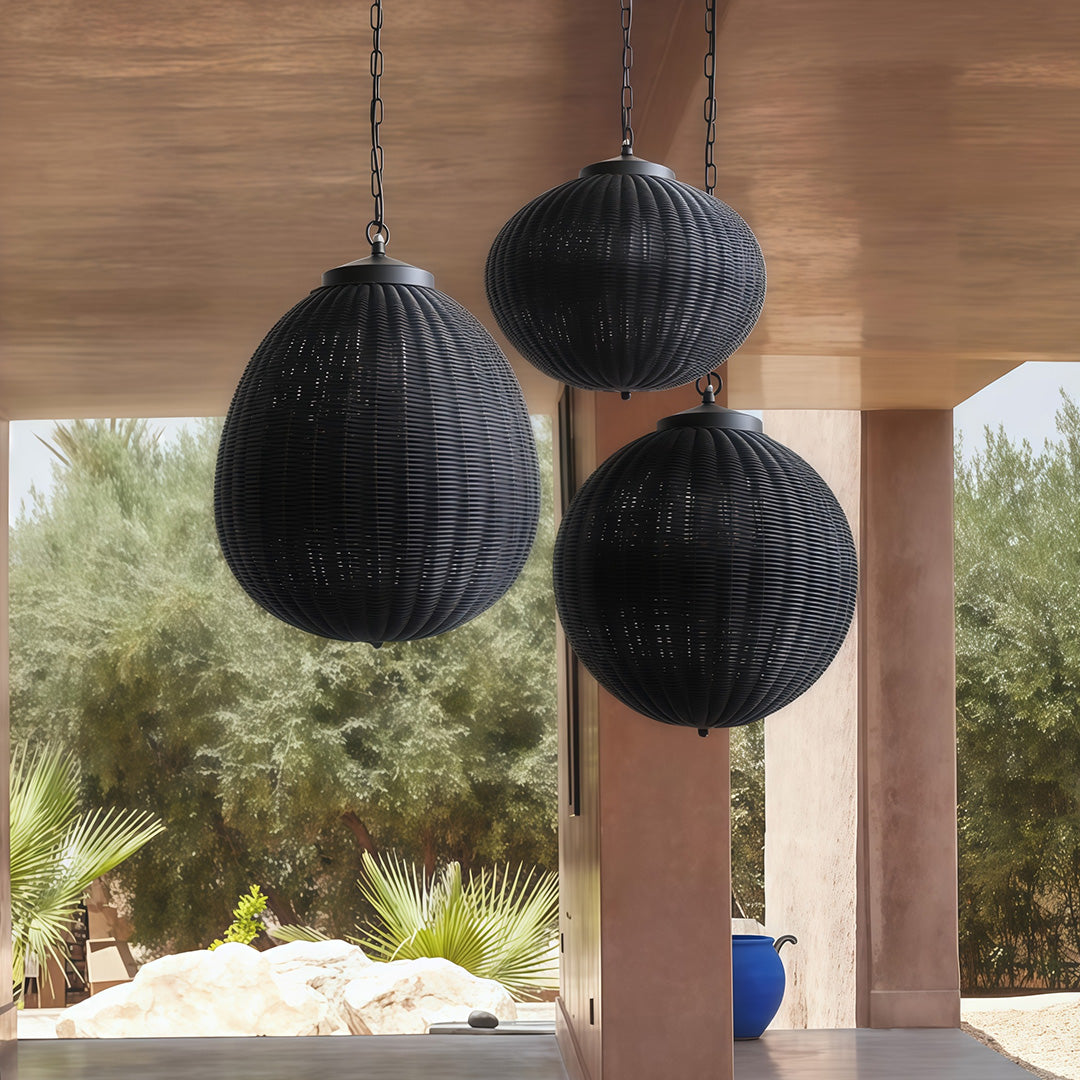 Black Woven Rattan Pendant Light, Waterproof Outdoor Hanging Lamp