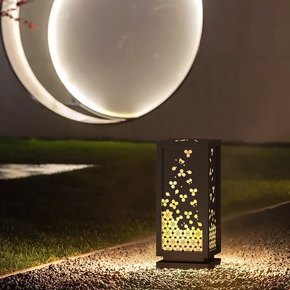 Carved Floral Resin and Steel Outdoor Garden Light with Marble Shade