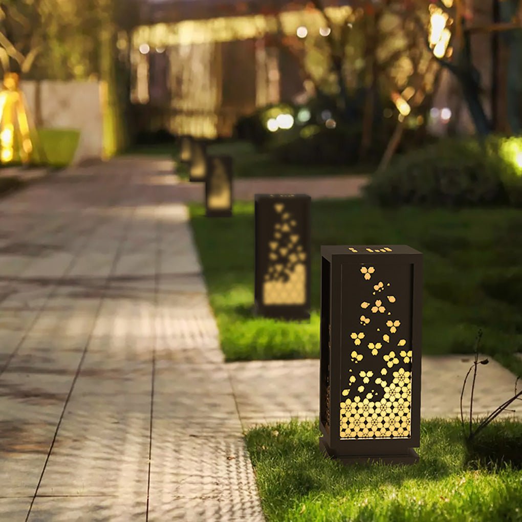 Carved Floral Resin and Steel Outdoor Garden Light with Marble Shade
