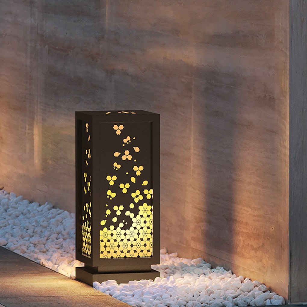 Carved Floral Resin and Steel Outdoor Garden Light with Marble Shade