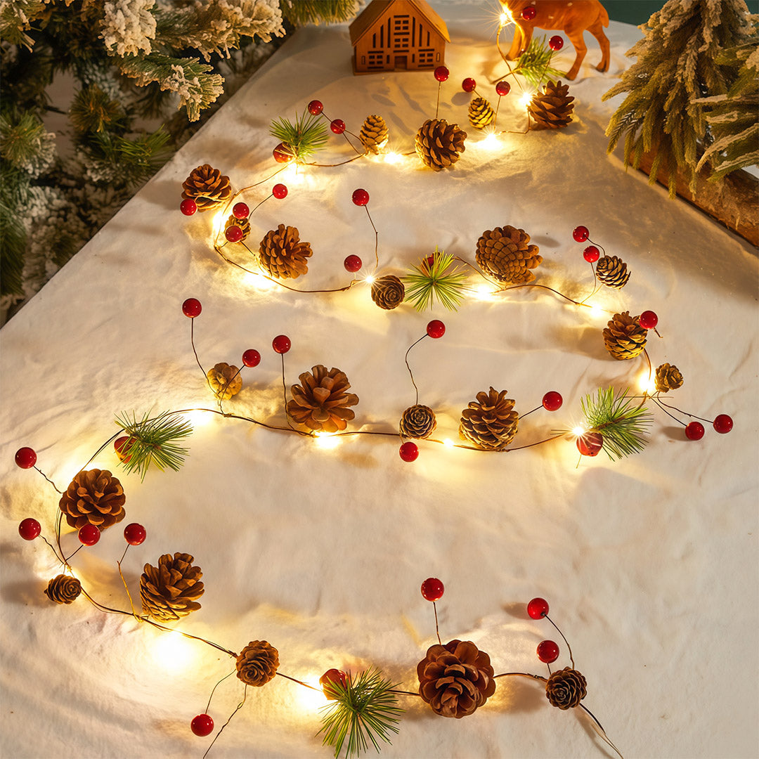 Artisan Nordic LED String Lights with Wood-Tone Fabric Ornaments, Two-Pack