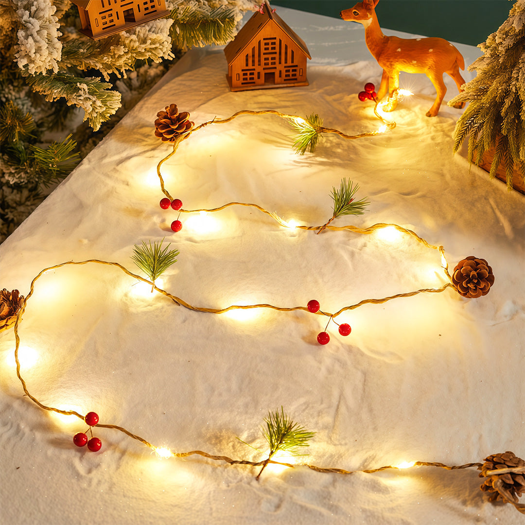 Artisan Nordic LED String Lights with Wood-Tone Fabric Ornaments, Two-Pack