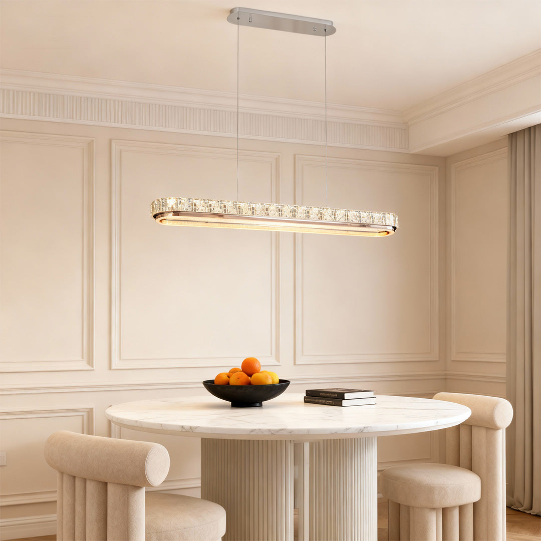 Linear Crystal Pendant Light in Chrome Finish, Modern LED Chandelier for Dining Room and Kitchen Island