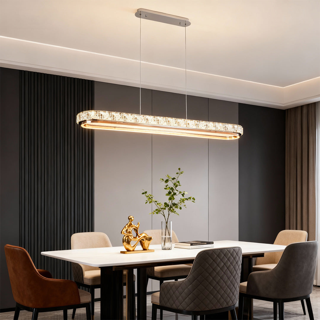 Linear Crystal Pendant Light in Chrome Finish, Modern LED Chandelier for Dining Room and Kitchen Island