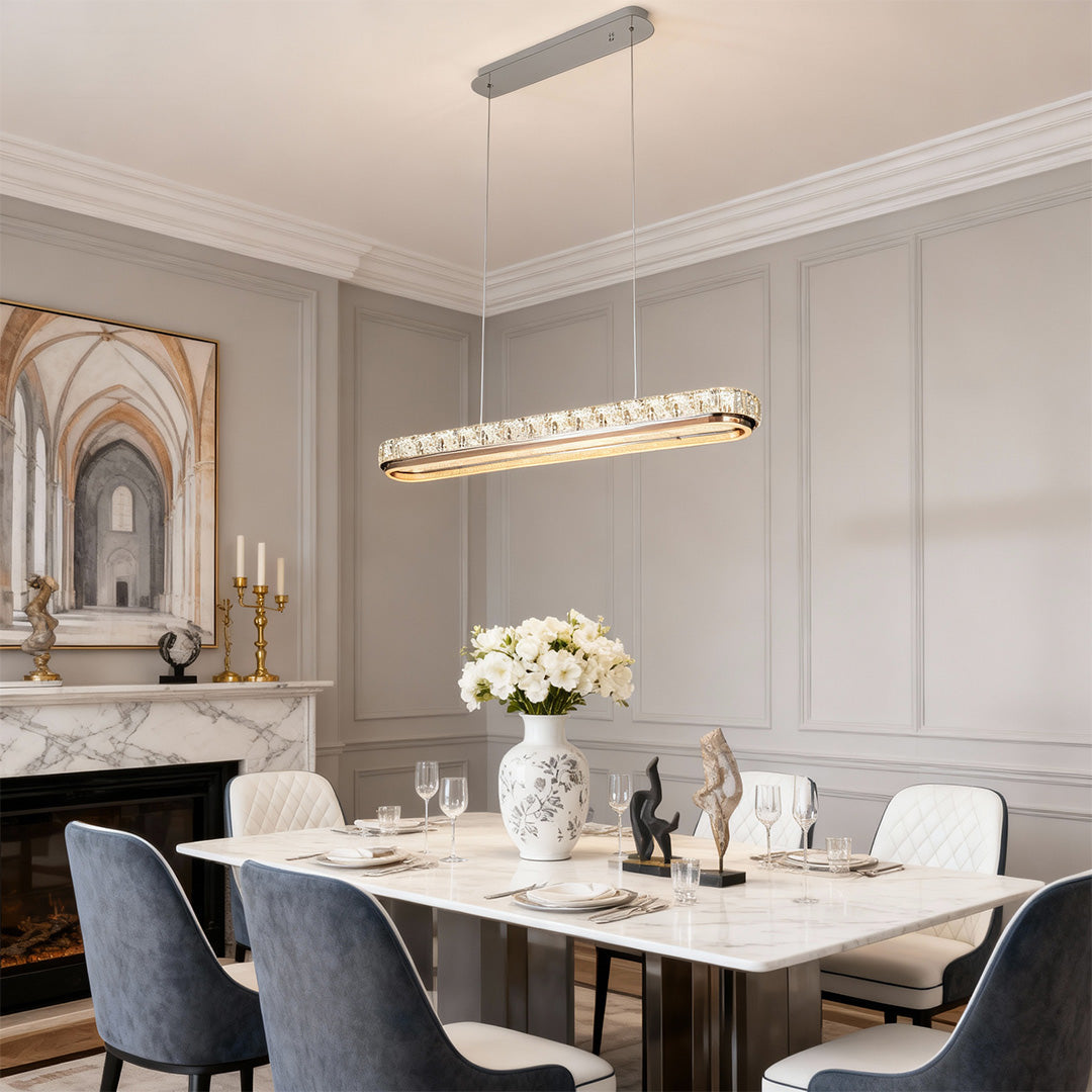 Linear Crystal Pendant Light in Chrome Finish, Modern LED Chandelier for Dining Room and Kitchen Island