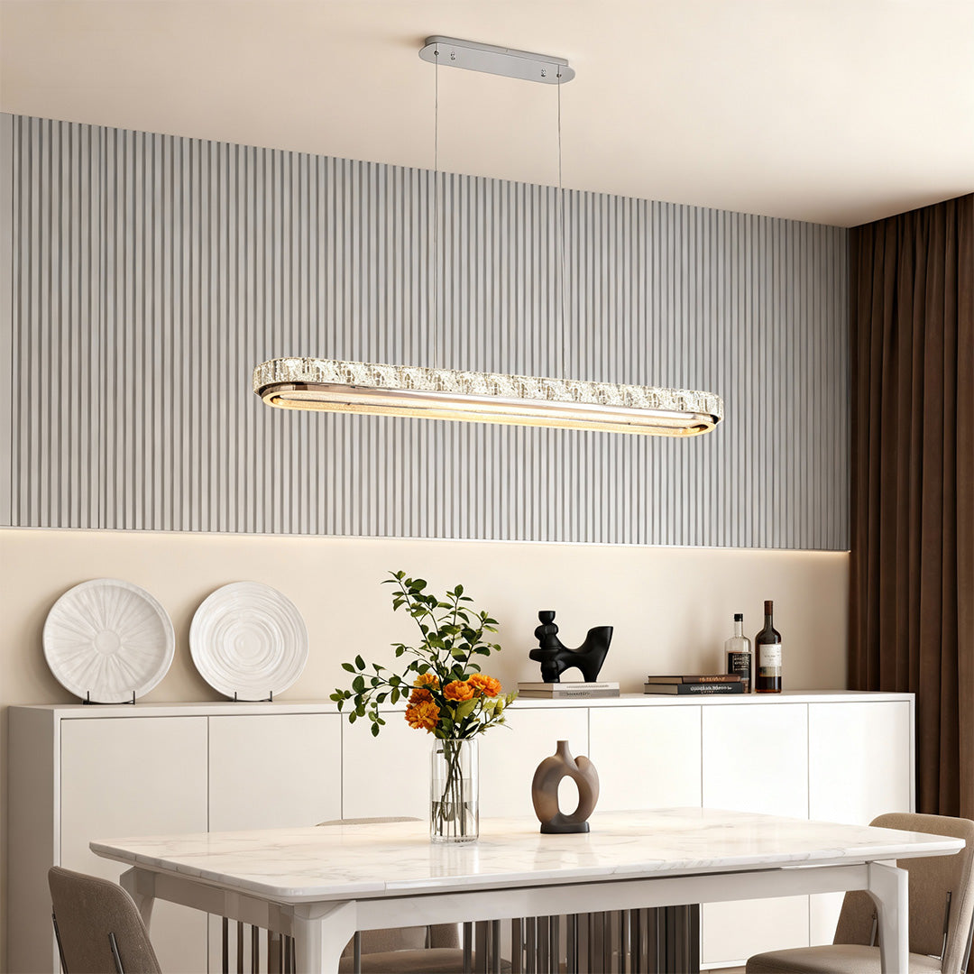 Linear Crystal Pendant Light in Chrome Finish, Modern LED Chandelier for Dining Room and Kitchen Island