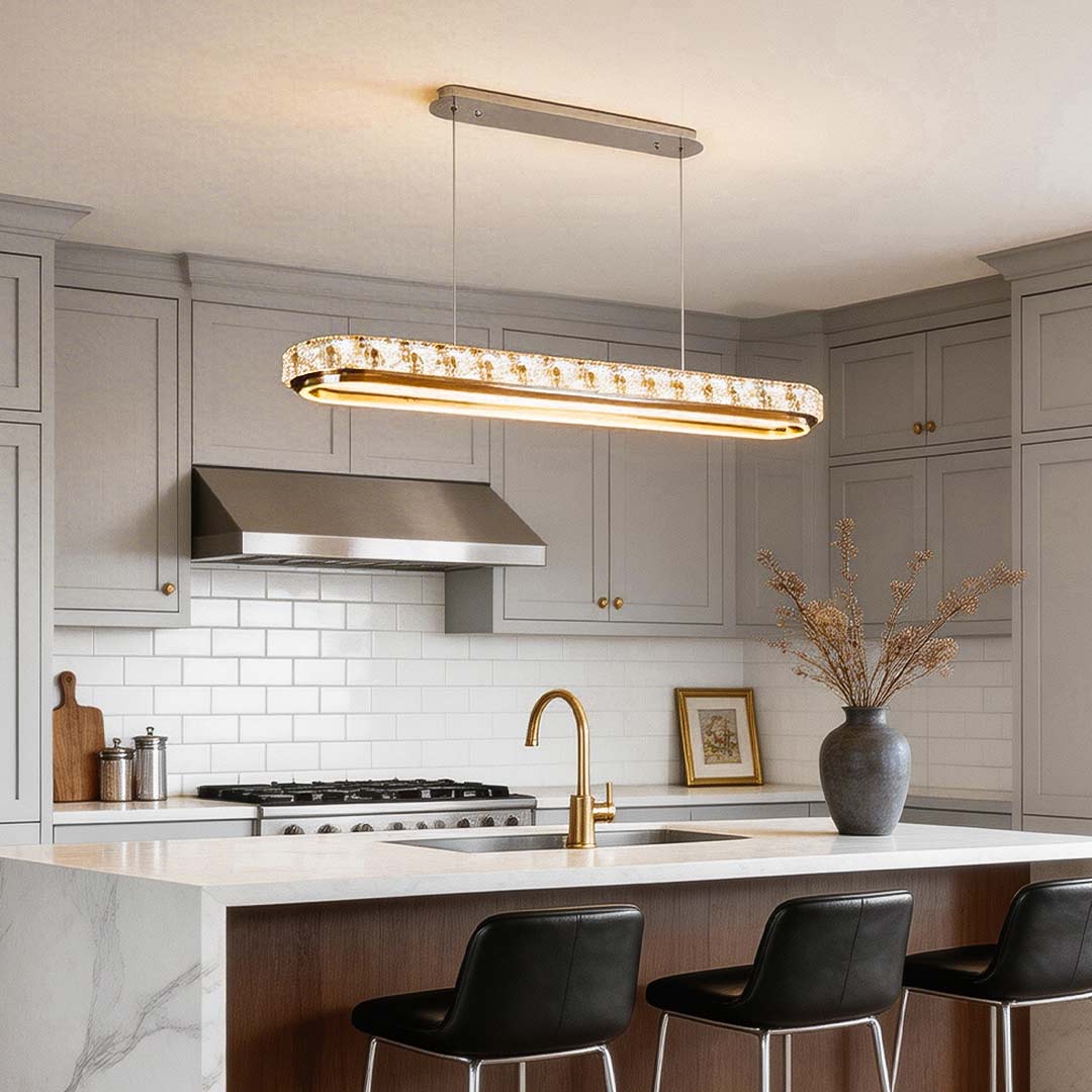Linear Crystal Pendant Light in Chrome Finish, Modern LED Chandelier for Dining Room and Kitchen Island
