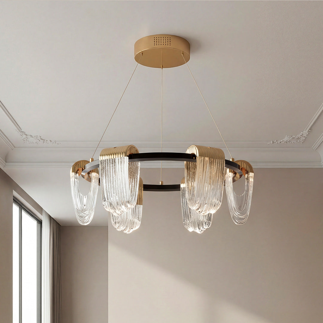 Modern Circular LED Chandelier in Gold and Gray Aluminum