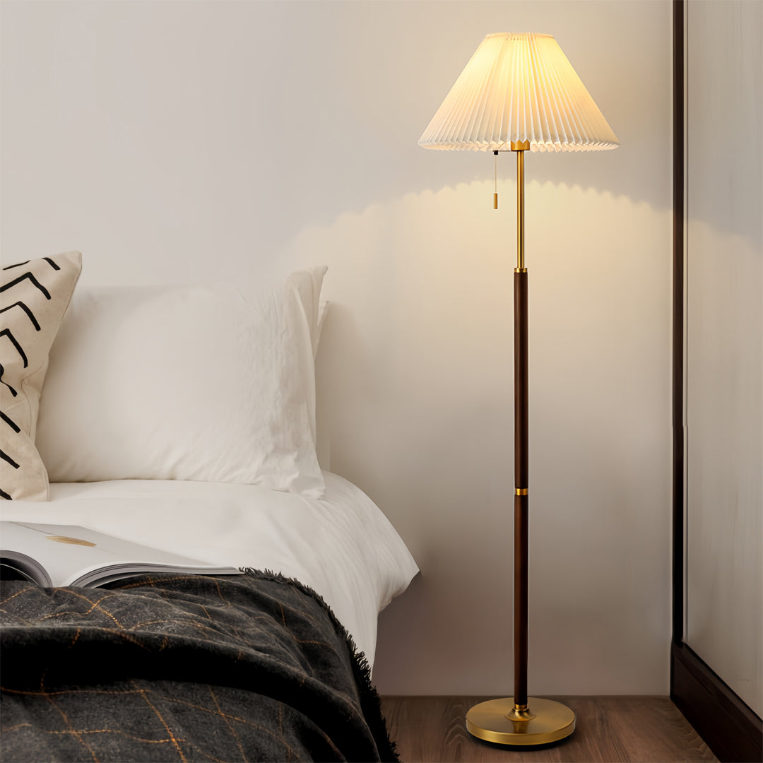 Sculptural Wooden Floor Lamp with Pleated Fabric Shade
