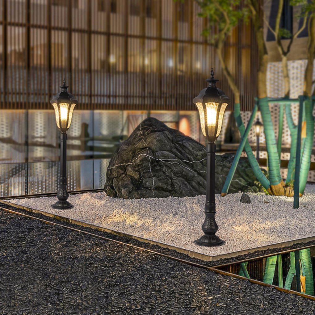 Artisan Iron Outdoor Lamp Post with Cracked Glass Shade for Traditional Courtyards