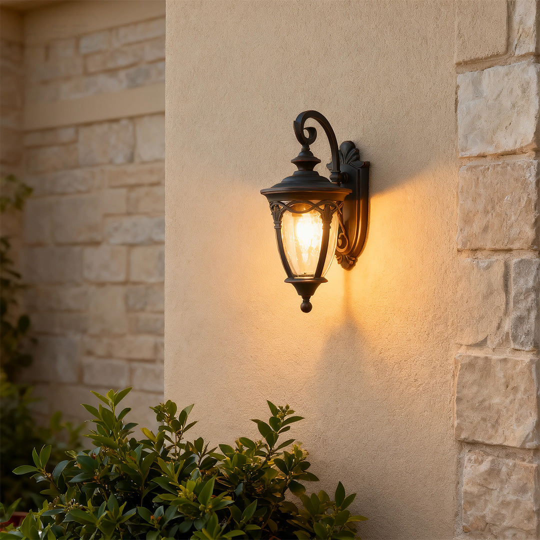 European Outdoor Wall Sconce in Sand-Black Aluminum with Clear Glass Shade