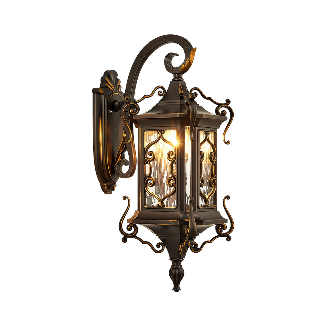 European Outdoor Wall Sconce with Gilded Aluminum Frame and Artisan Glass Shade