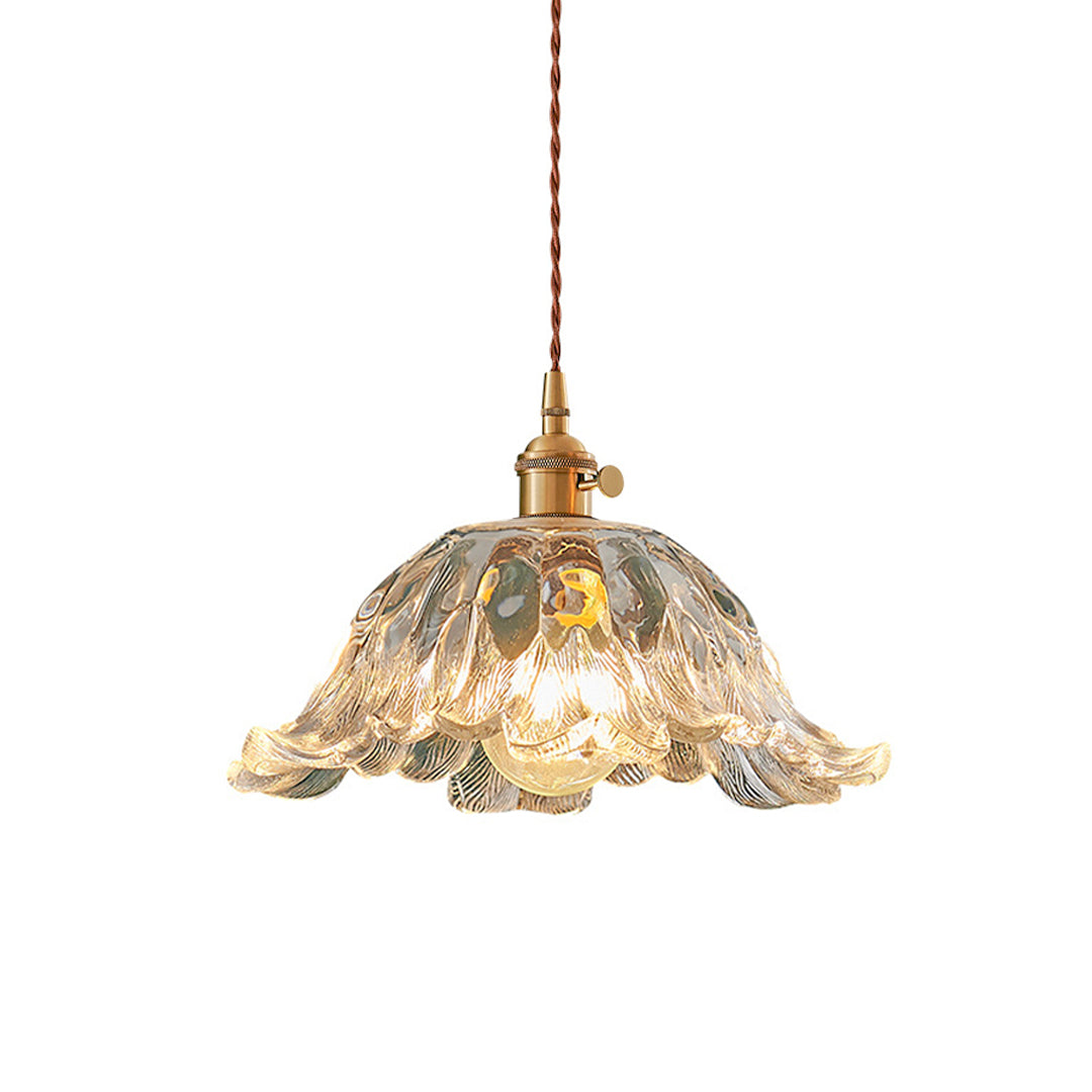 Japanese Floral Glass Pendant Light in Brushed Brass