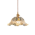 Japanese Floral Glass Pendant Light in Brushed Brass