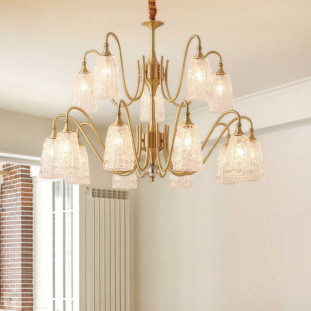 Solid Brass Vintage Chandelier with Clear Glass Shades for Dining Room and Living Room
