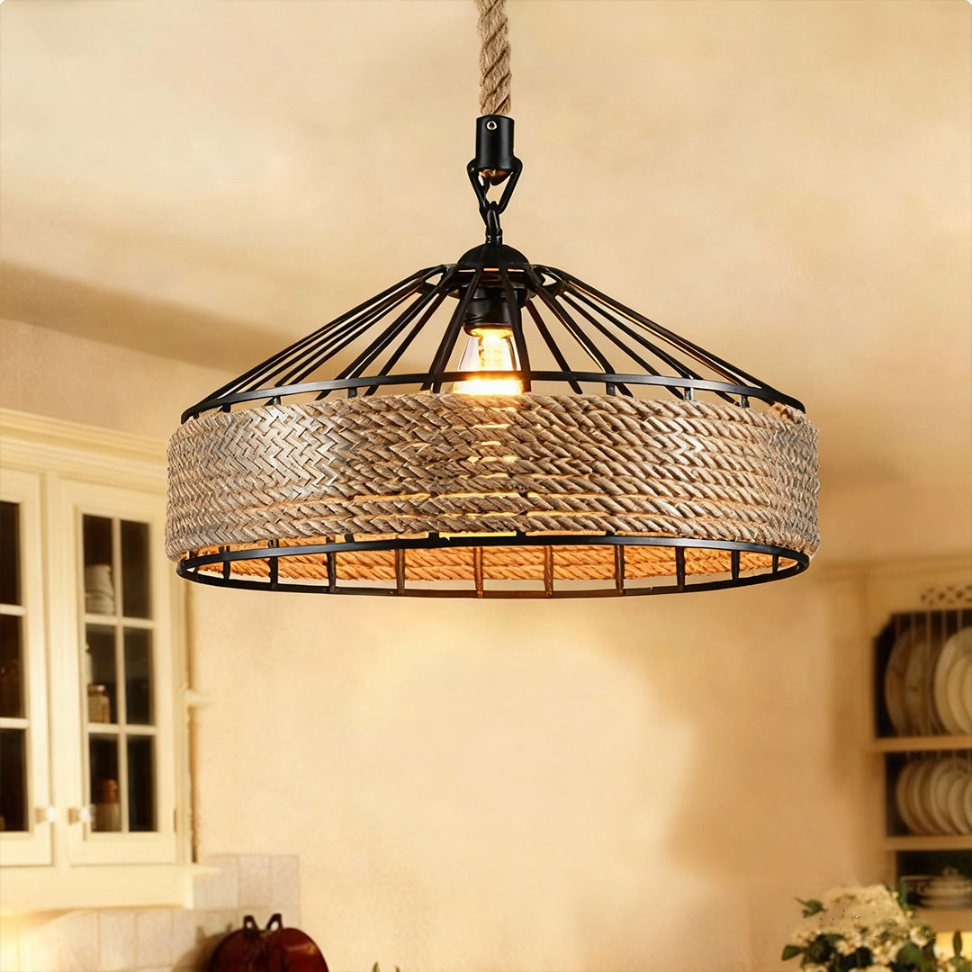 Halo Pendant Light in Black Iron and Natural Hemp Rope