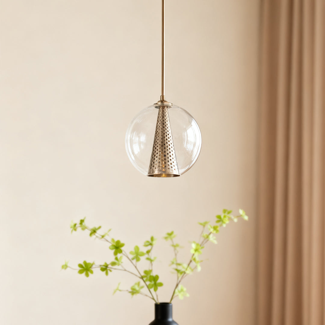 Brass Glass Ball Pendant Light with Perforated Metal Cone