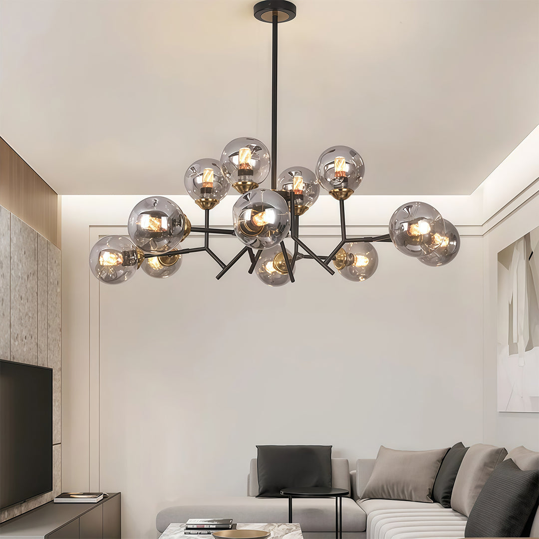 Aurelia Twelve-Light Glass Globe Chandelier in Black Iron