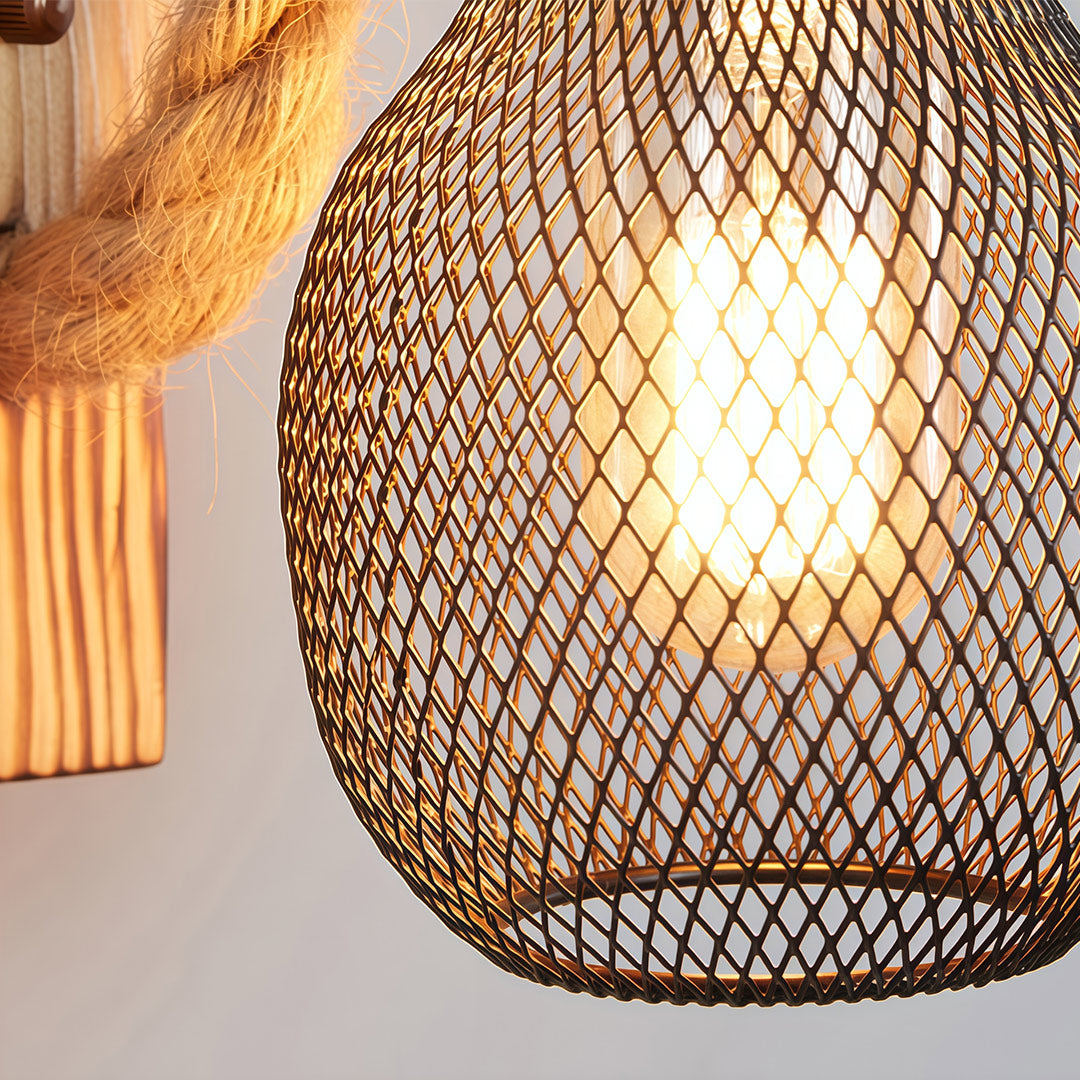 Rustic Iron Wall Sconce with Hemp Rope and Wood Accent