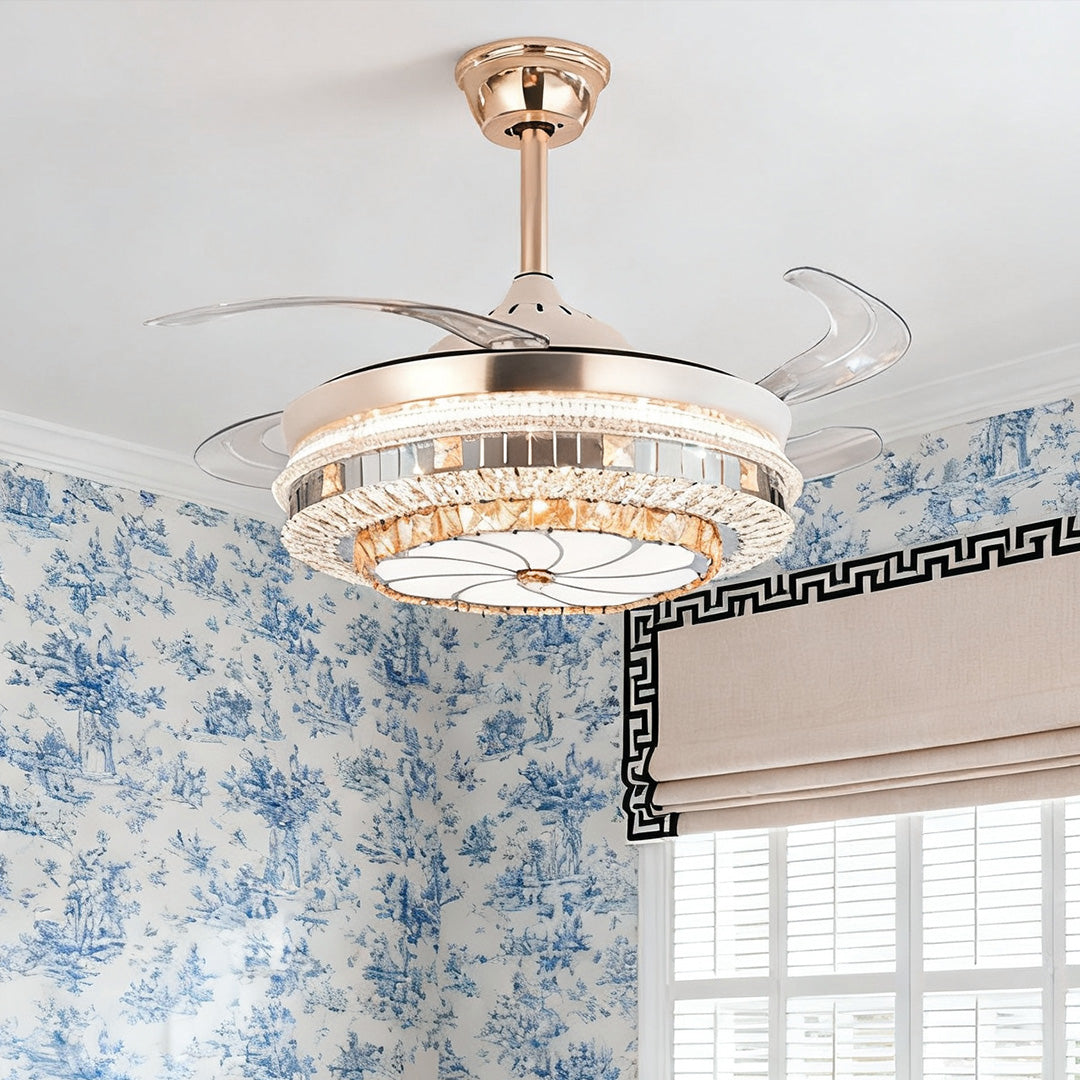 Lumina Gold Crystal Ceiling Fan with Dimmable LED Light, Modern 4-Blade Design