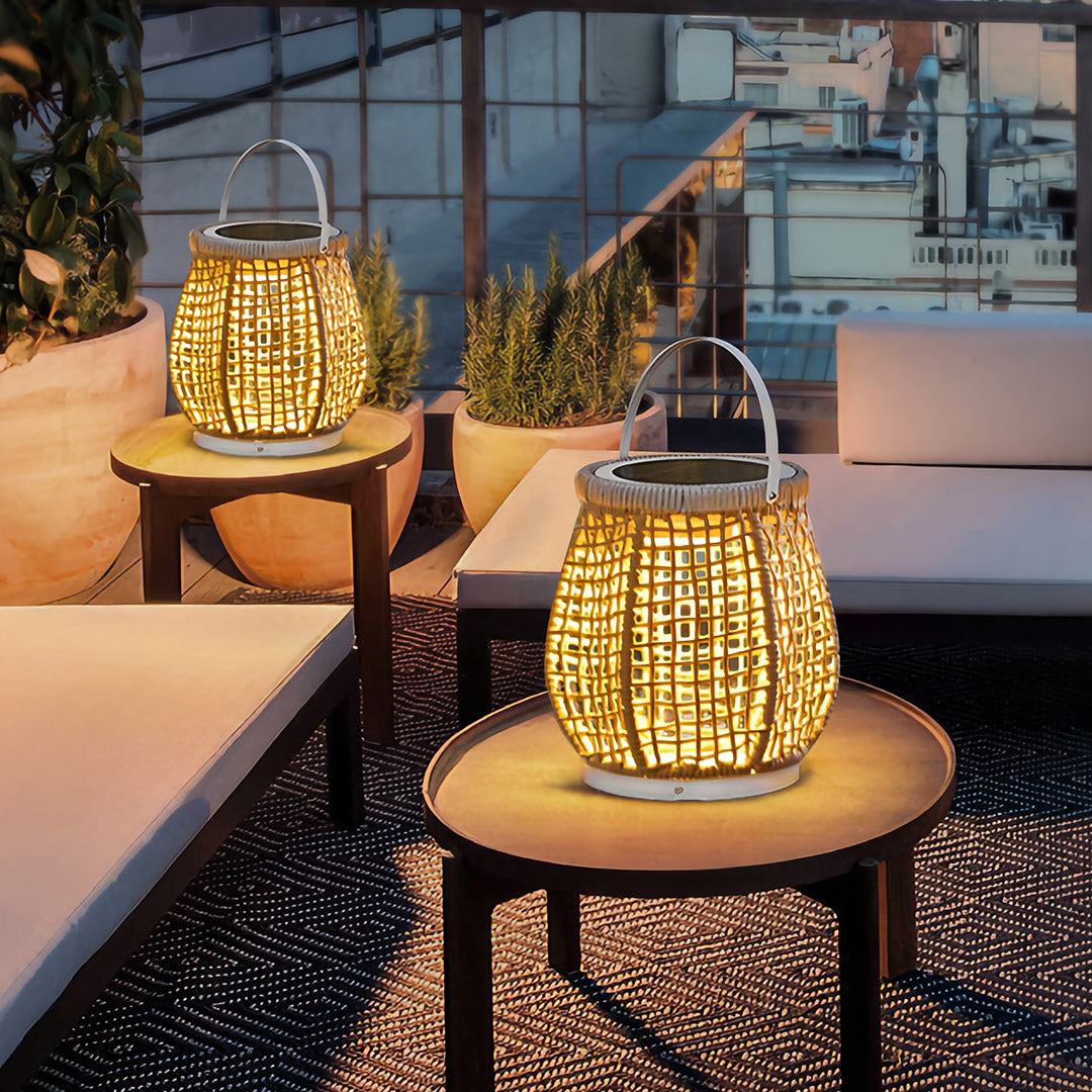 Woven Outdoor Lantern Floor Lamp with Handle, Portable Patio Lighting