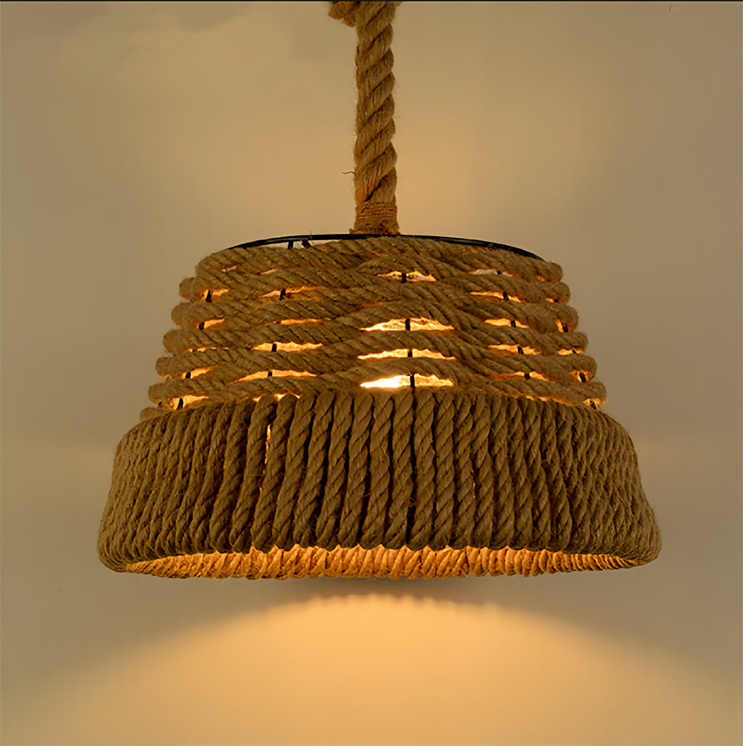 Artisan Hemp Rope Pendant Light with Iron Shade – Vintage Industrial Ceiling Lamp